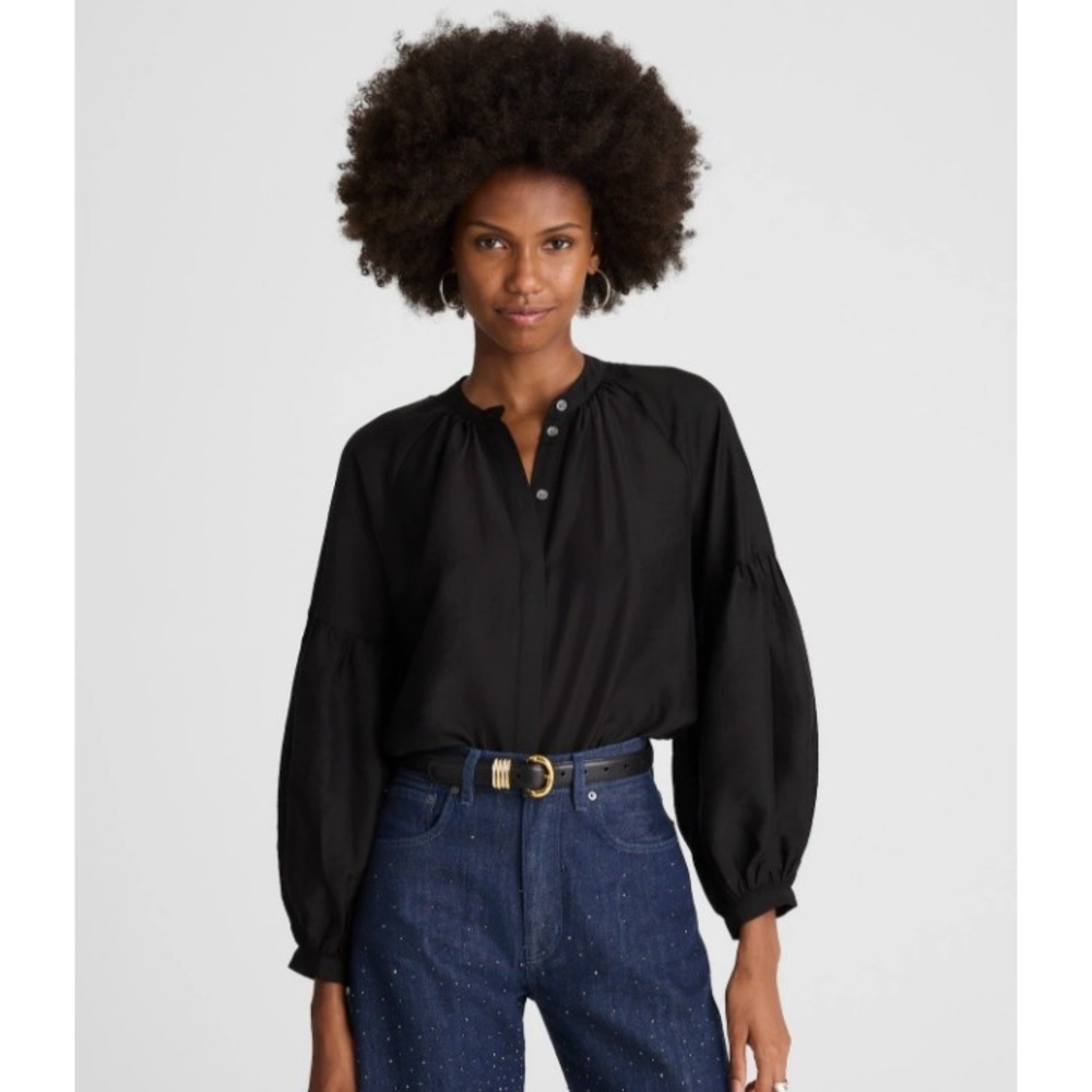 Madewell Shirred Balloon-Sleeve Top Jet Black Blouse NY339 XS New